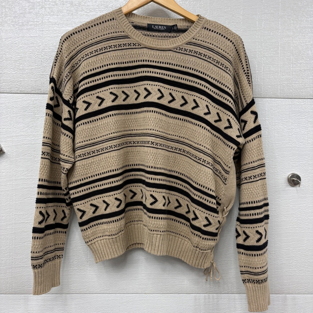 Lauren Ralph Lauren Tan Black Geometric Cotton Linen Side Lace Sweater Large